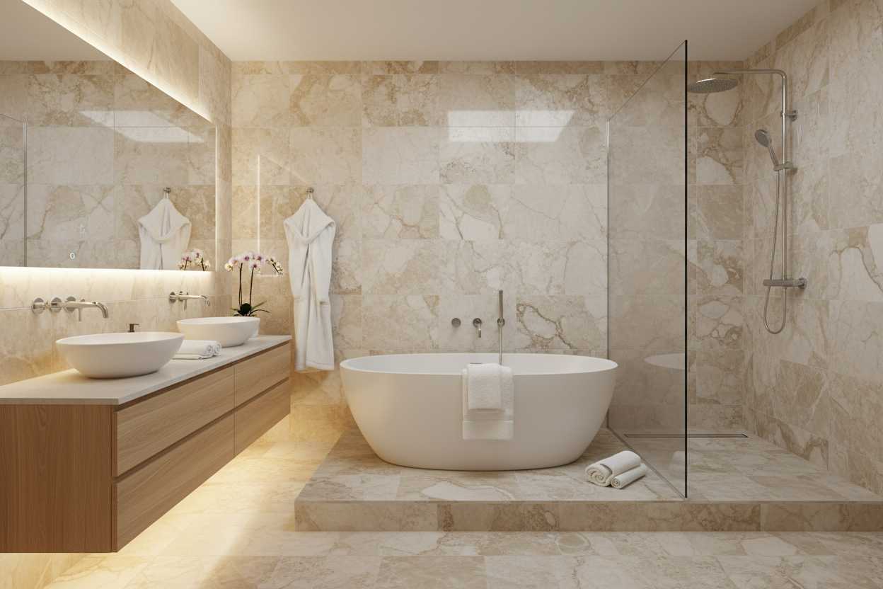 Modern bathroom in soft stone