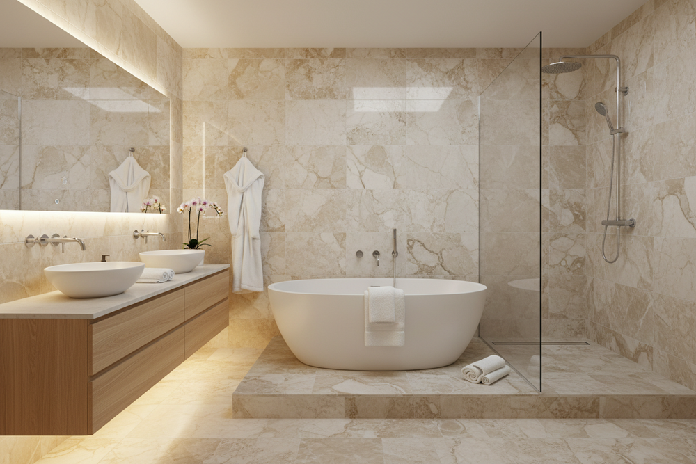 Modern bathroom in soft stone