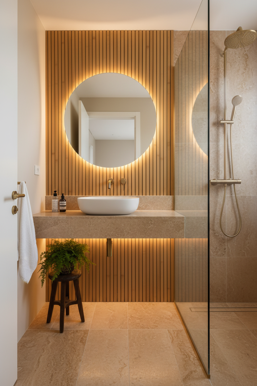 Slatted bamboo & warm stone